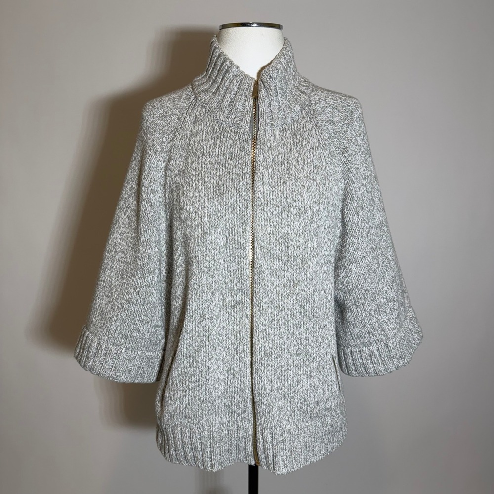 Jones New York Signature Gray Knit 3/4 Sleeve Zip Cardigan Sweater Womens Large